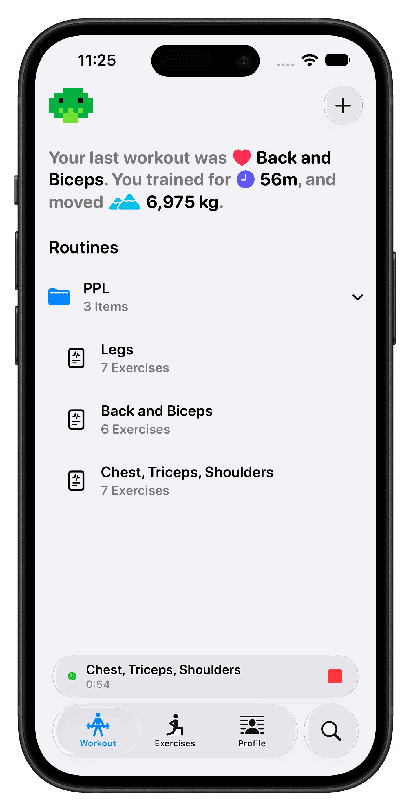Workout home showing routines and last session stats